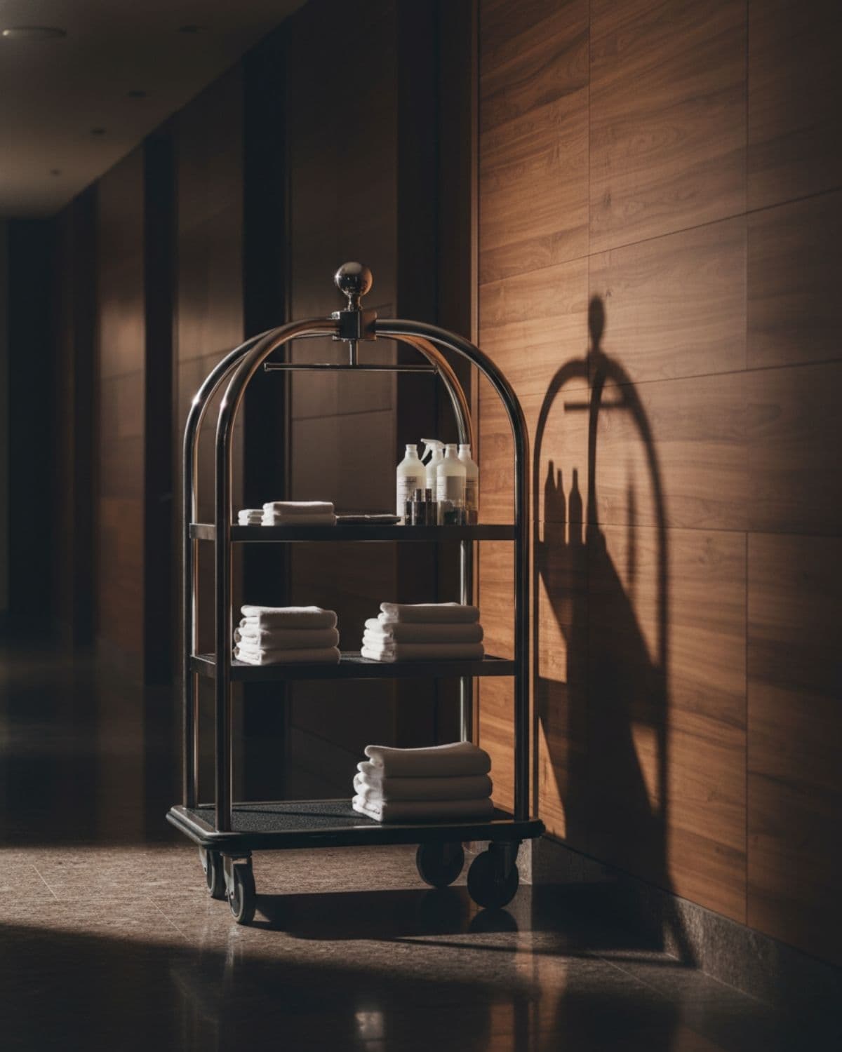 Chrome three-tier hotel housekeeping cart in a corridor
