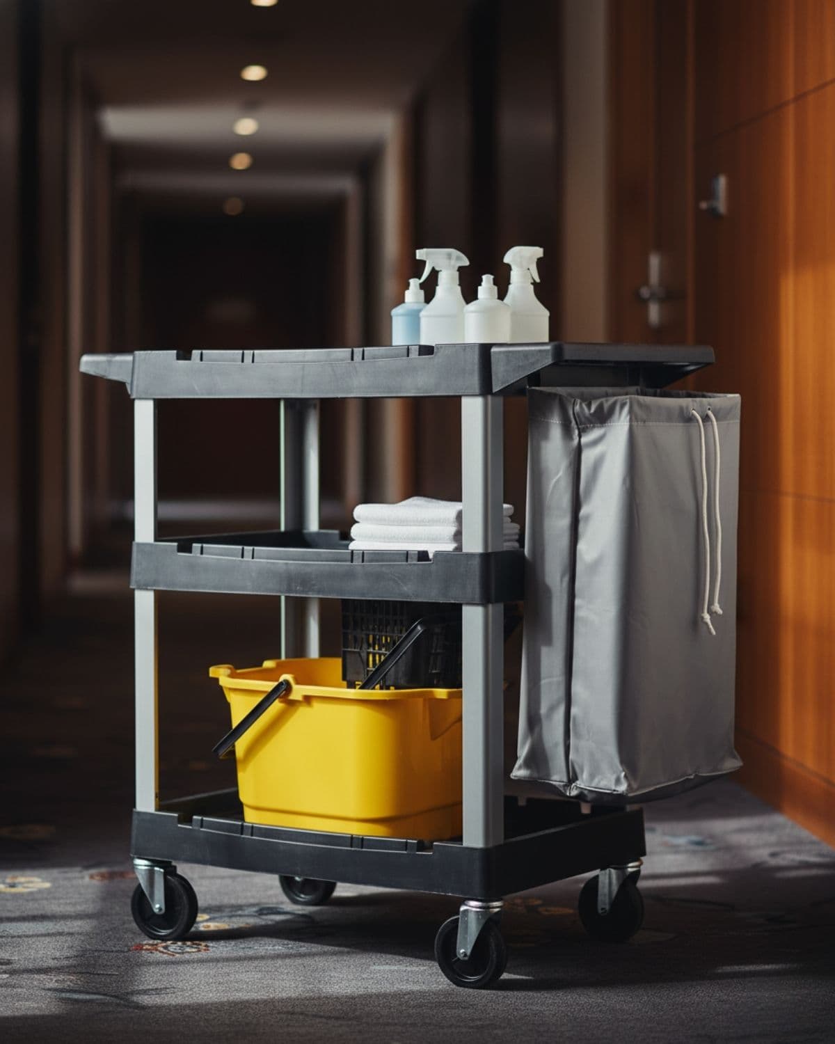 Professional janitorial cart with mop bucket and supplies